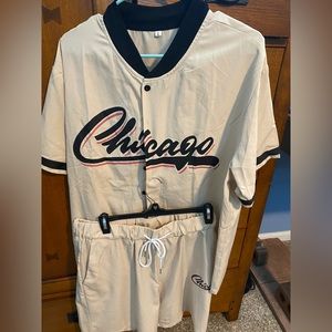 Shein Graphic Baseball Collar Shirt and Drawstring Waist Shorts